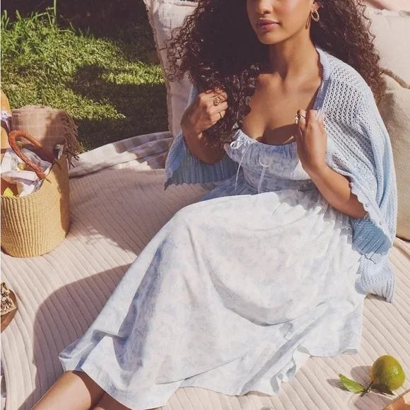 NWT Celebrity Pink x Bridgerton Square Neck Pointelle Cardigan - Light Blue - S - Picture 2 of 7